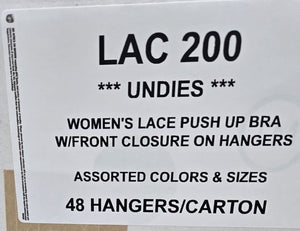 UNDIES LADIES LACE PUSH UP BRA W / FRONT CLOSURE 2 ON HANGERS STYLE LAC200