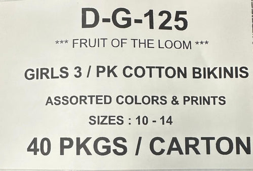 FRUIT OF THE LOOM GIRLS 3PK COTTON BIKINIS STYLE D-G-125