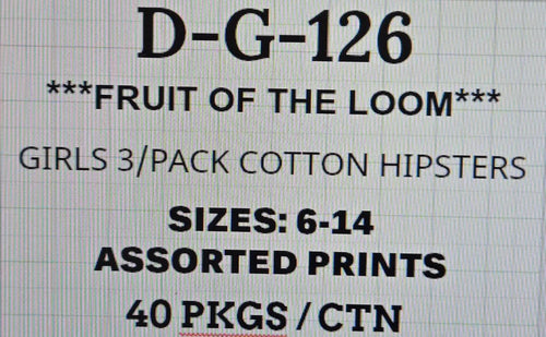 FRUIT OF THE LOOM GIRLS 3PK COTTON HIPSTERS STYLE D-G-126