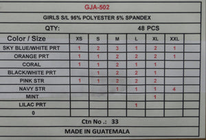 WONDER NATION GIRLS S/L 95% POLYESTER 5% SPANDEX PRE PACK Style G JA 502