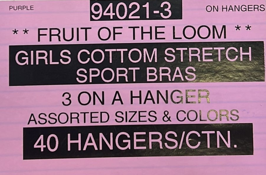 Fruit Of The Loom Girls Cotton Stretch Sport Bras 3 on a hanger Style 94021-3