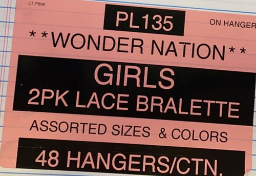 WONDER NATION GIRLS 2PK LACE BRALETTE STYLE PL135
